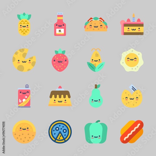 Icons about Food with pear, cake, strawberry, corn, pineapple and taco