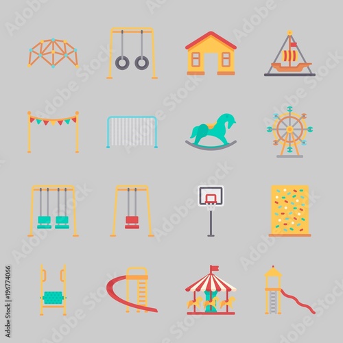 Icons about Amusement Park with basketball, climb , amusement park, climbing, horse swing and ferris wheel