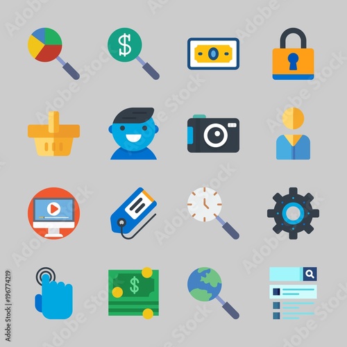 Icons about Commerce with money, tag, tap, shopping basket, photo camera and search