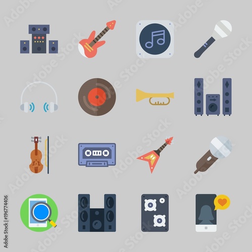 Icons about Music with vinyl, sound system, music file, headphone, violin and announcer
