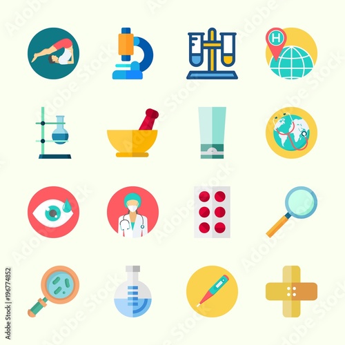 Icons about Medical with mortar, cream, band aid, flask, tablets and visibility