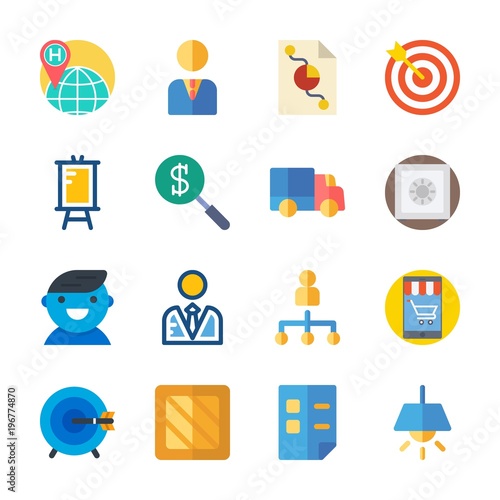 icon Business with safebox, lamp, list, search and box