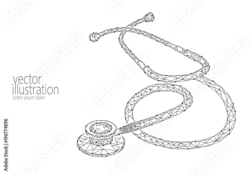 Medicine stethoscope low poly health care World Day. Polygonal 3D model medical science research doctor nurse equipment vector illustration