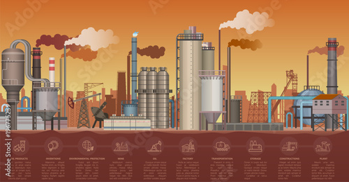 Heavy industrial factory buildings landscape. Vector illustration with infographic icons elements. Smoking pipes of factory polluting environment.