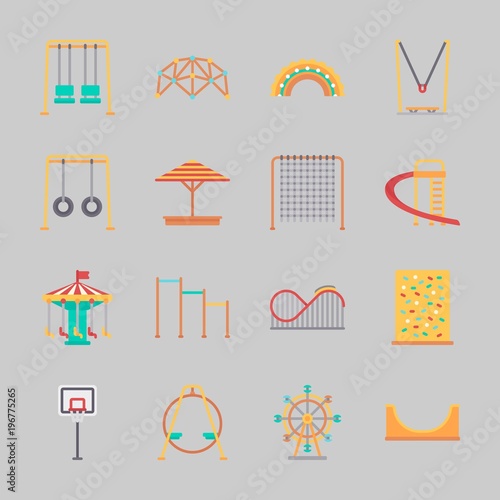Icons about Amusement Park with slide, horizontal bar, roller coaster, ferris wheel, swing  and climb