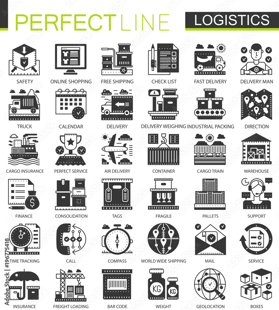 Logistics transportation black mini concept icons and infographic symbols set
