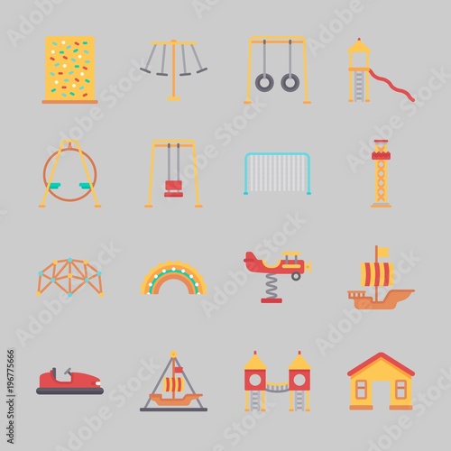 Icons about Amusement Park with carousel, climbing, game zone, sailing boat, flambards experience and playground