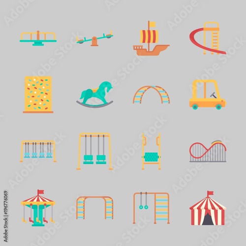 Icons about Amusement Park with game zone, roller coaster, slide, horse swing, sailing boat and carrousel