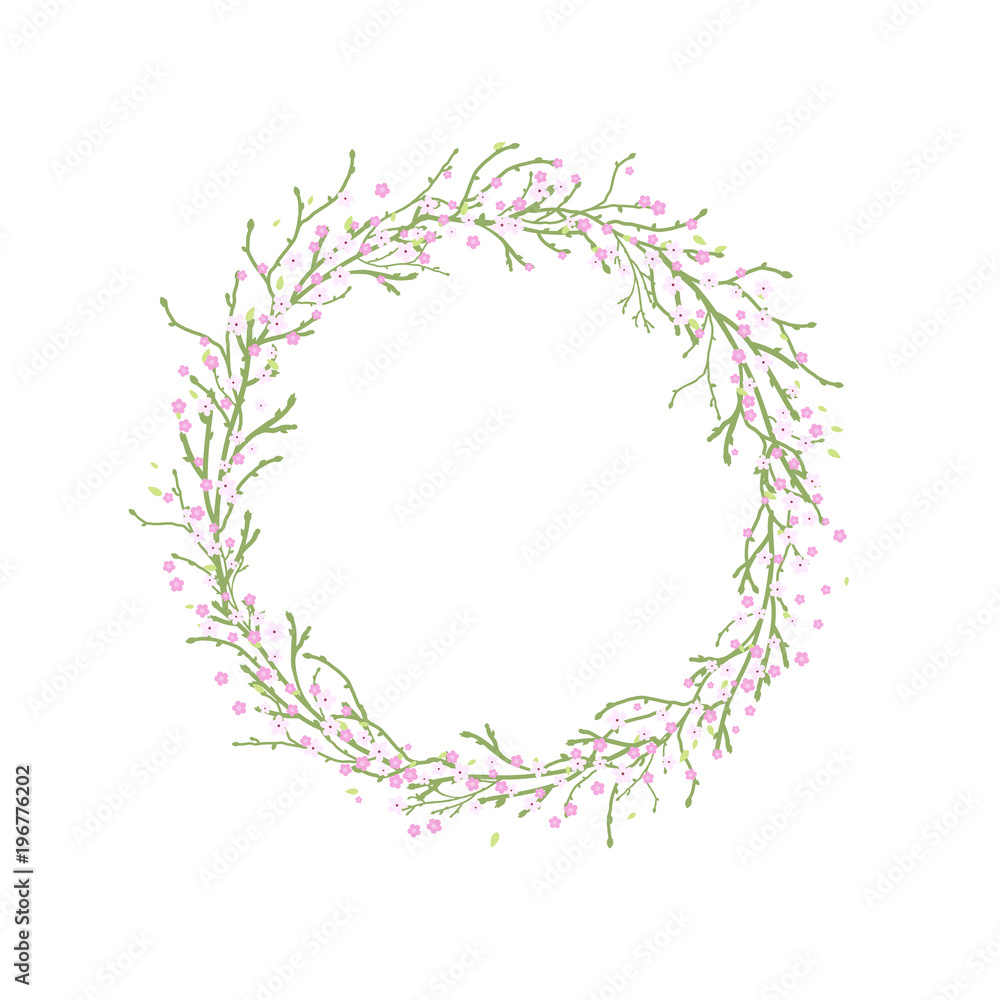 Round Wreath with green branches and pink flowers.