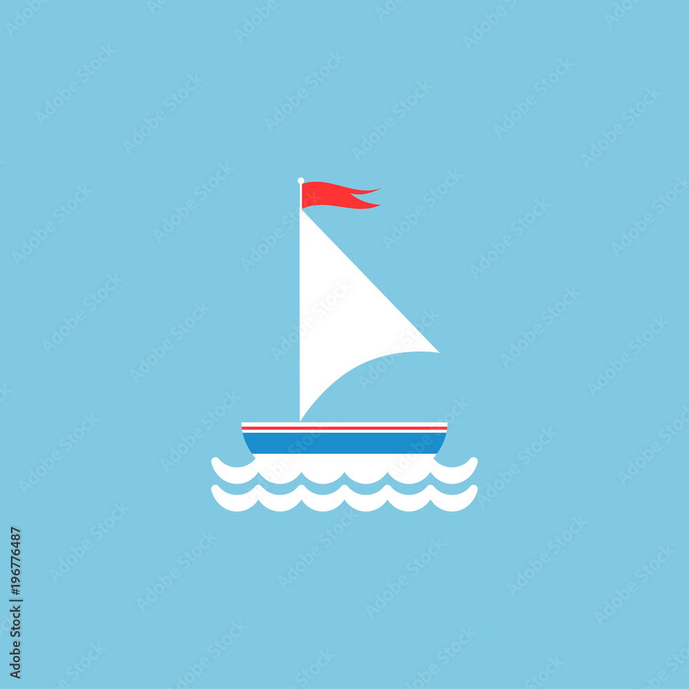Flat white boat with sail and little waving red flag on the top. Isolated on powder blue background. Flat white boat with sail and little waving red flag on the top. Isolated on powder blue background.
