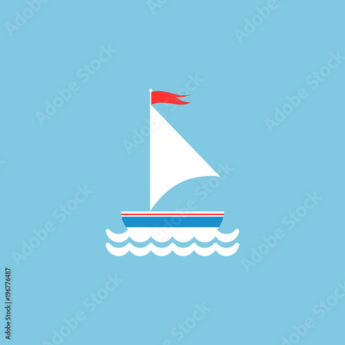 Photos Flat white boat with sail and little waving red flag on the top