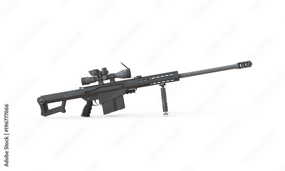 sniper rifle isolated on white. With telescopic scope standing on a flat surface. The Rifle is load and ready to fire sniper rifle isolated on white. With telescopic scope standing on a flat surface. The Rifle is load and ready to fire