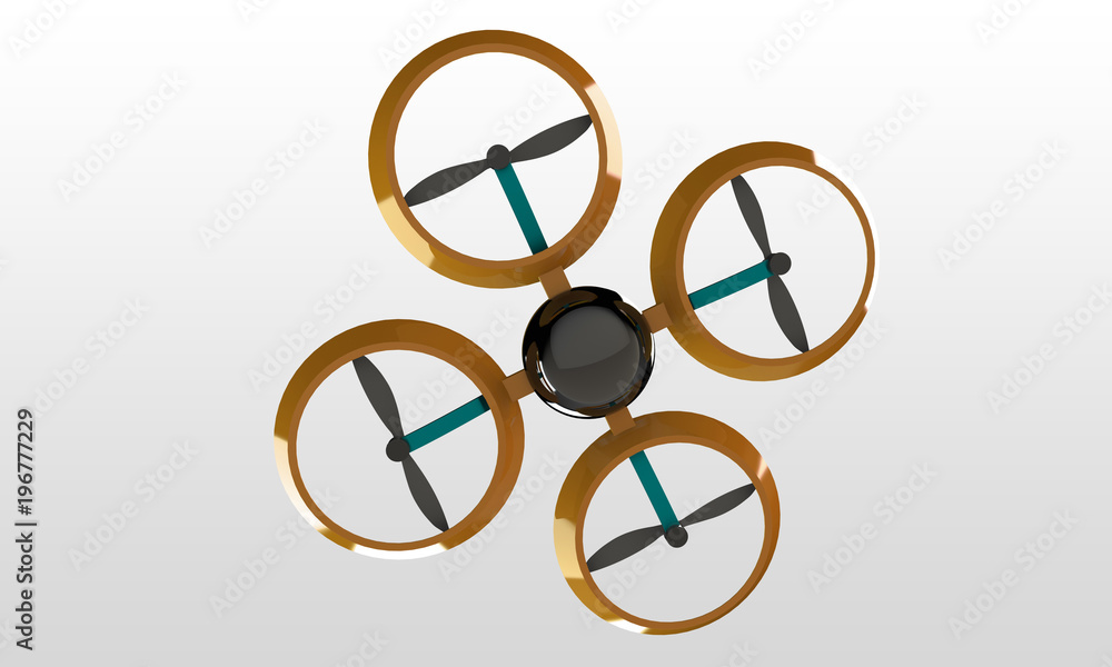quadcopter 3d model isolated on white. a multicopter multirotor design. The blades are black the arms red and the body blue. There is a camera uo the bottom side covered with black glass quadcopter 3d model isolated on white. a multicopter multirotor design. The blades are black the arms red and the body blue. There is a camera uo the bottom side covered with black glass