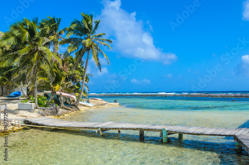 Fototapeta Naklejka Na Ścianę i Meble -  Belize Cayes - Small tropical island at Barrier Reef with paradise beach - known for diving, snorkeling and relaxing vacations - Caribbean Sea, Belize, Central America