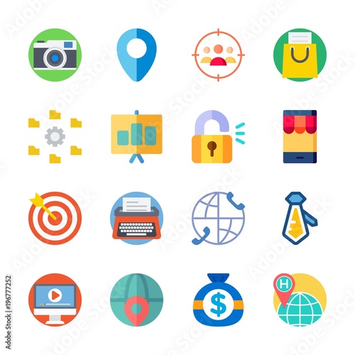icon Digital Marketing with padlock, shopping bag, photo camera, smartphone and presentation