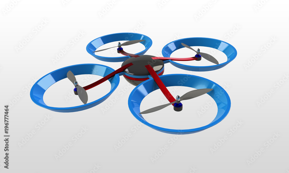 quadcopter 3d model isolated on white. a multicopter multirotor design. The blades are black the arms red and the body blue. There is a camera uo the bottom side covered with black glass
