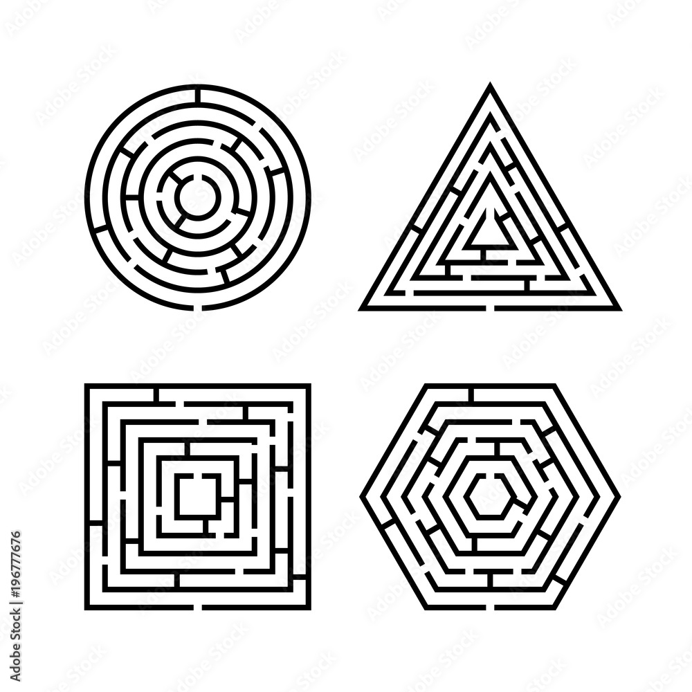 Set of Labyrinth Different Shapes for Game. Maze square, round, hexagon