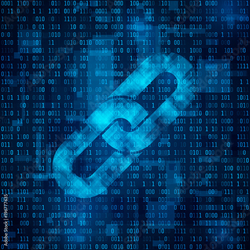 Blockchain hyperlink symbol on binary code. Chain symbol on abstract blue matrix background. Number big data flow information. Cryptocurrency and blockchain business concept. Vector illustration