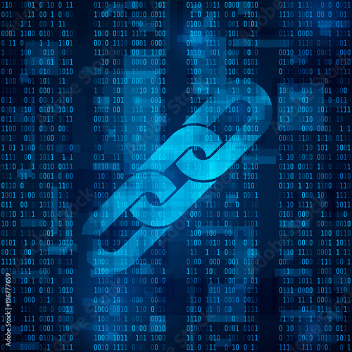 Blockchain hyperlink symbol on binary code. Abstract blue matrix background. Number big data flow information. Cryptocurrency and blockchain business concept. Vector illustration