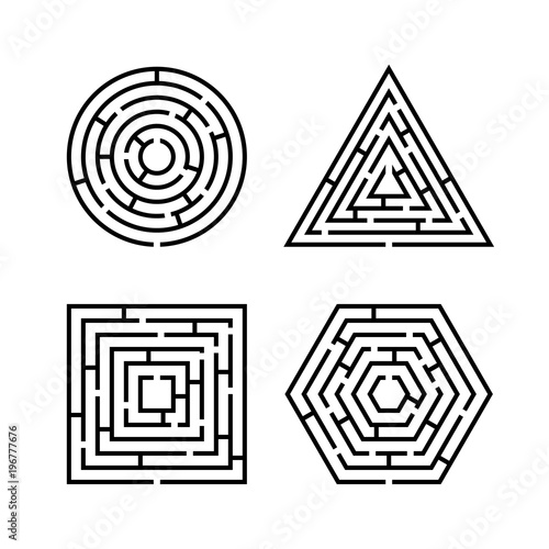 Set of Labyrinth Different Shapes for Game. Maze square, round, hexagon and triangle puzzle riddle logic game concept. Business sign. Vector illustration isolated on white