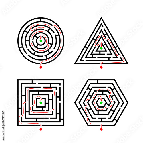 Set of Labyrinth Different Shapes for Game with with the marker correct route. Maze square, round, hexagon and triangle puzzle riddle logic game concept. Business sign. Vector illustration isolated