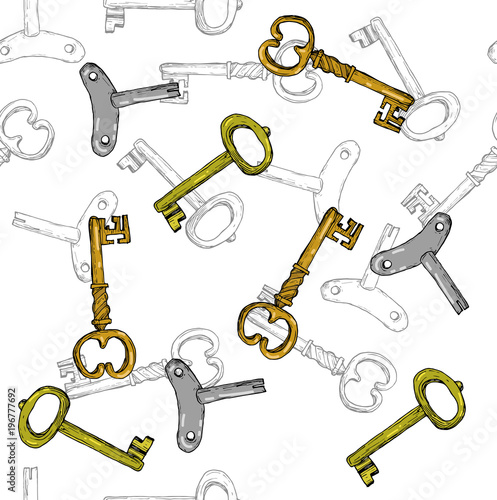 Uncolored vector seamless pattern with vintage keys.