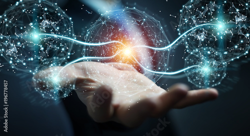 Businessman using digital network connection sphere 3D rendering