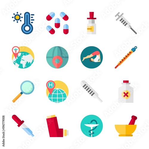 icon Medical with pill, inhaler, pills, thermometer and pipette