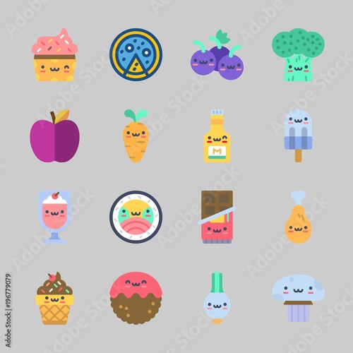 Icons about Food with carrot, chicken leg, chocolate, apple, cupcake and ice cream