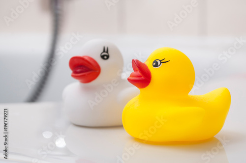 closeup of Yellow and wgite rubber duck toy on bath © pixarno