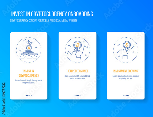 Invest in cryptocurrency and blockchain get high performance profit concept onboarding splashscreen for mobile app. vector illustration walkthrough screens template