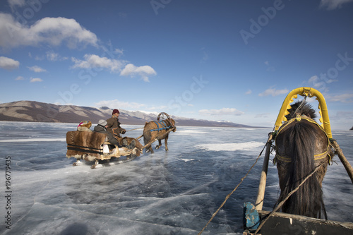 Fototapeta Naklejka Na Ścianę i Meble -  sledge ride on ice covered lake Khovsgol, Mongolia