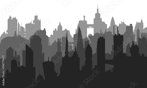 Vector image of city buildings with many different elements.