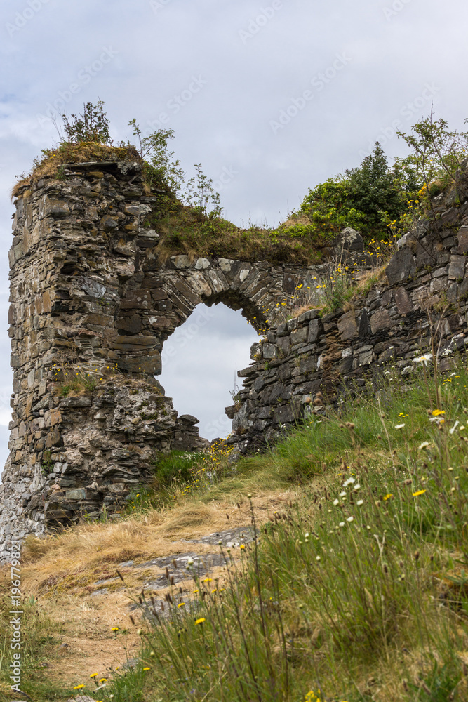 Stromeferry, Scotland - June 10, 2012: Closeup of Window in rock wall of Castle Strome ruins on green hill. Yellow and green weeds up front.