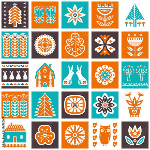 Scandinavian folk art seamless vector pattern with flowers, trees, rabbit, owl, houses, mushrooms, pears and elements in simple style