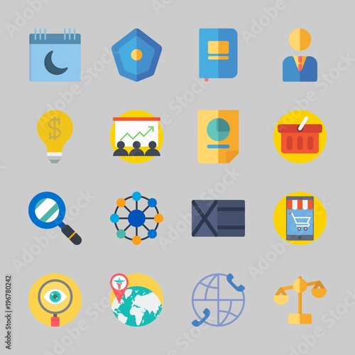 Icons about Business with worldwide, calendar, presentation, idea, shopping basket and search