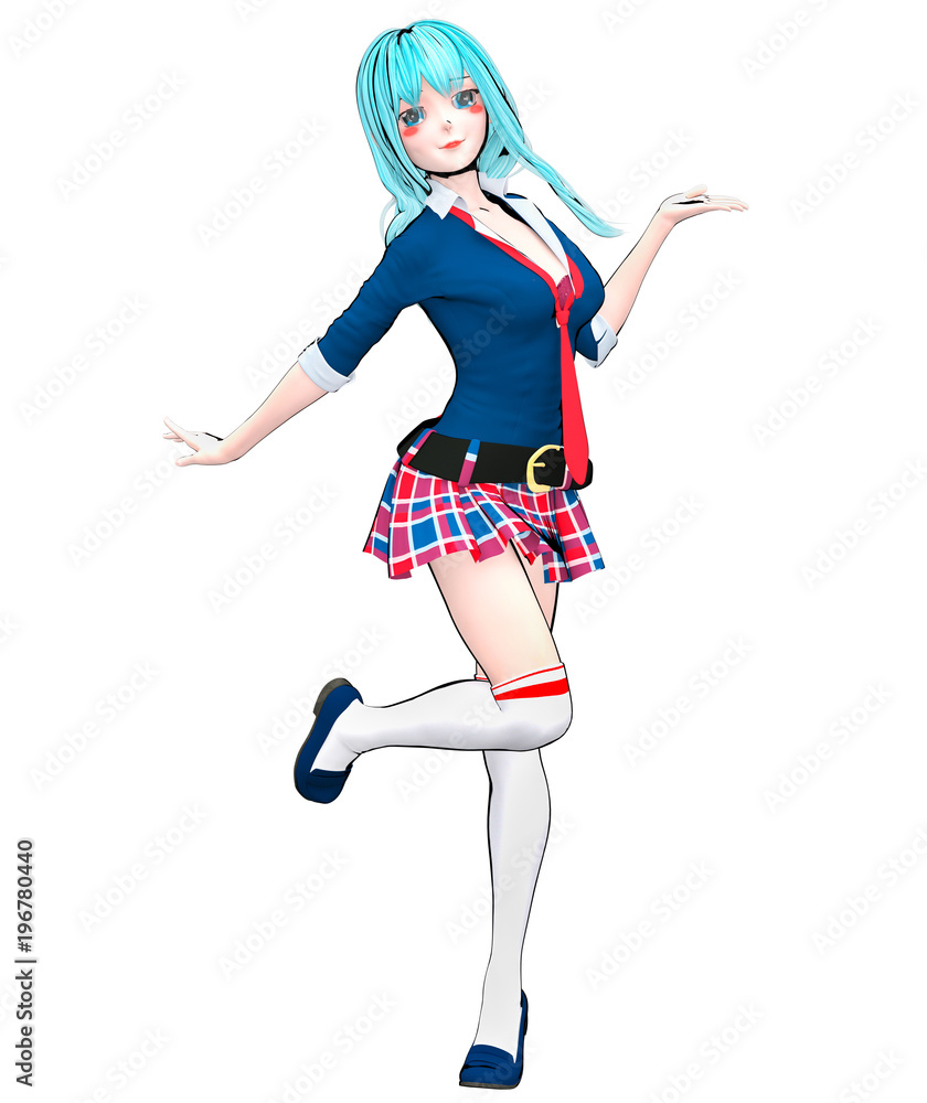 D sexy anime doll japanese anime schoolgirl big blue eyes and bright  makeup. Skirt cage. Cartoon, comics, sketch, drawing, manga illustration.  Conceptual fashion art. Seductive candid pose. Stock Illustration | Adobe  Stock