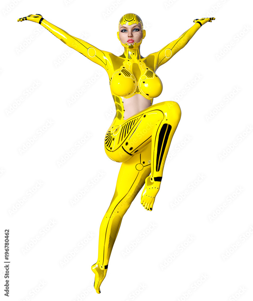 Dancing robot woman. Yellow metal droid with woman's face. Artificial Intelligence. Conceptual fashion art. Realistic 3D render illustration. Studio, isolate, high key. Dancing robot woman. Yellow metal droid with woman's face. Artificial Intelligence. Conceptual fashion art. Realistic 3D render illustration. Studio, isolate, high key.