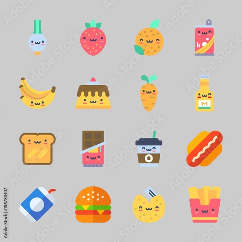 Icons about Food with coffee cup, bananas, pudding, carrot, scallion and fries © Orxan