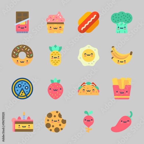 Icons about Food with fried egg, broccoli, fries, strawberry, radish and cake