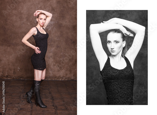 Beauty portrait of a young woman in the studio, diptyh