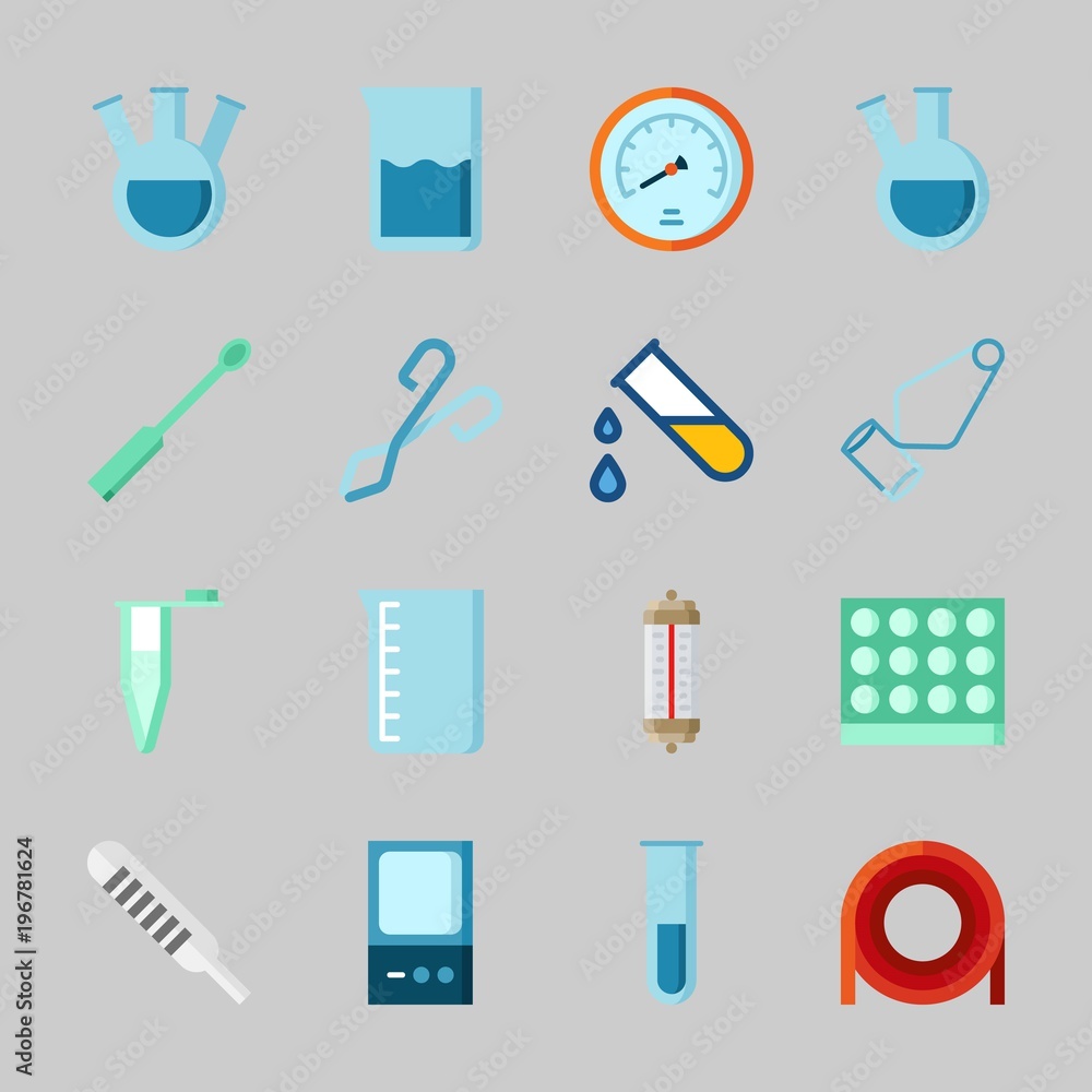 Icons about Laboratory with velocity, test tube, tube, dropping liquid, thermometer and separator funnel Icons about Laboratory with velocity, test tube, tube, dropping liquid, thermometer and separator funnel