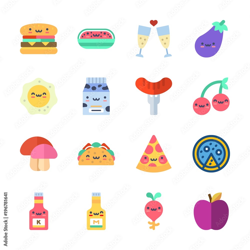 icon Food with toast, milk, ketchup, mustard and radish