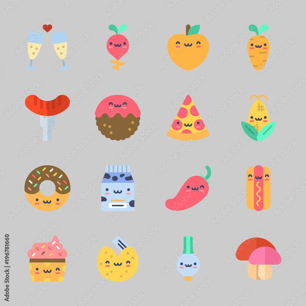 Icons about Food with milk, toast, corn, peach, scallion and pizza