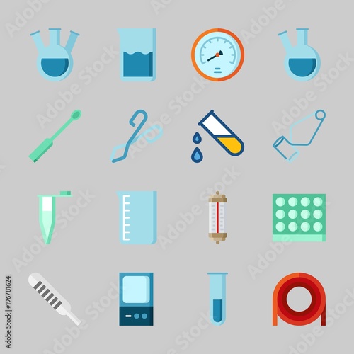 Icons about Laboratory with velocity, test tube, tube, dropping liquid, thermometer and separator funnel