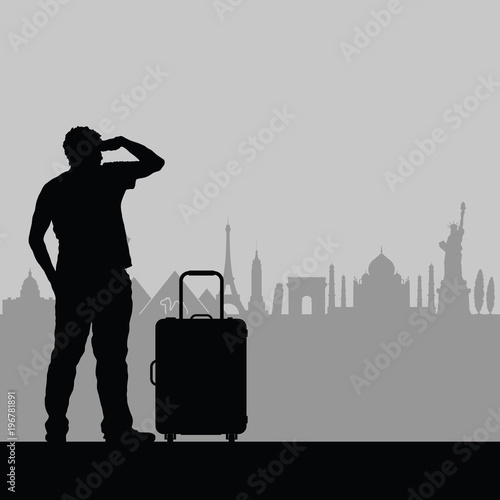 man with travel bag watching famous buildings