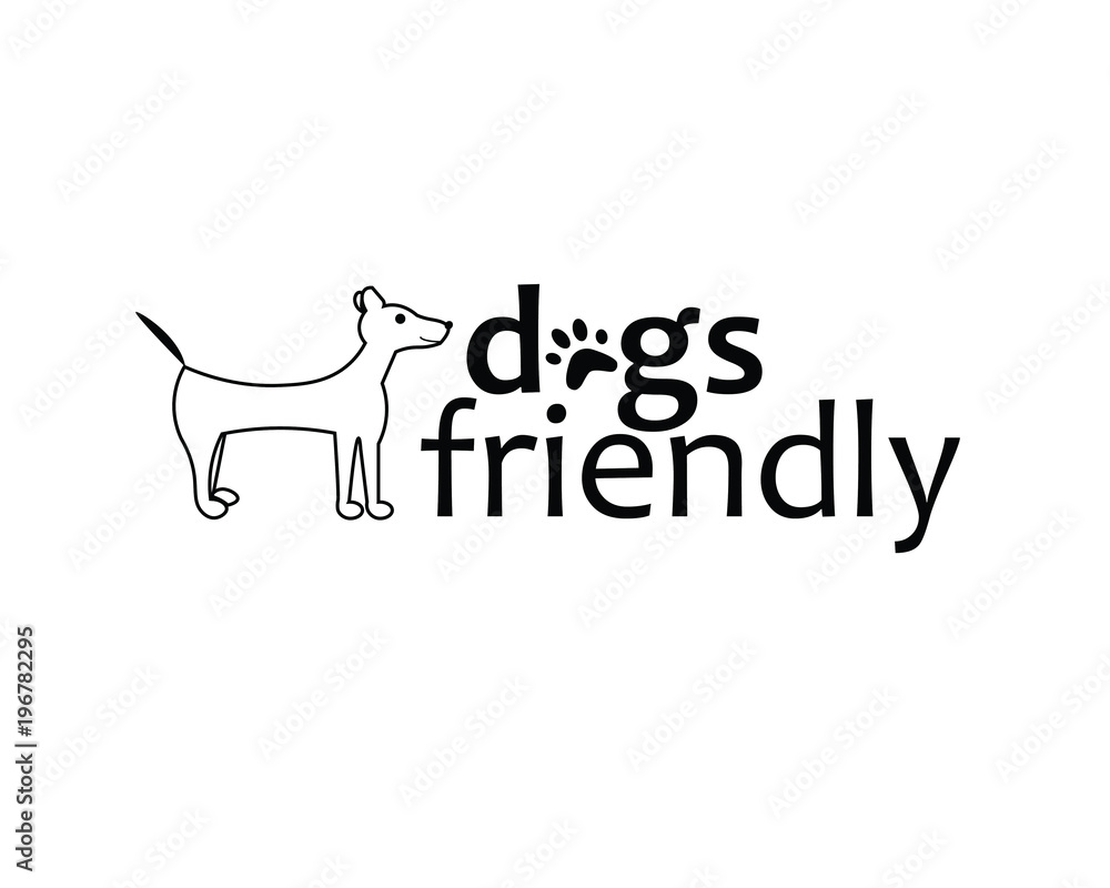 Dogs friendly sign with dog and footprint of a paw, illustration, dogs allowed, white background