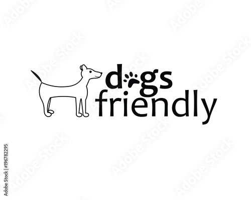 Dogs friendly sign with dog and footprint of a paw, illustration, dogs allowed, white background