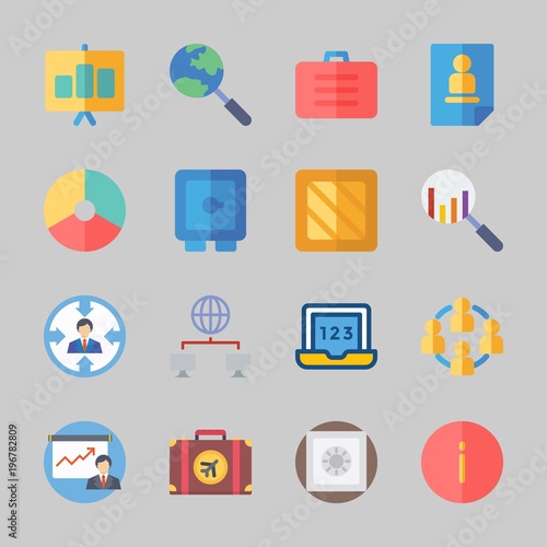 Icons about Business with teamwork, target, suitcase, info, laptop and safebox