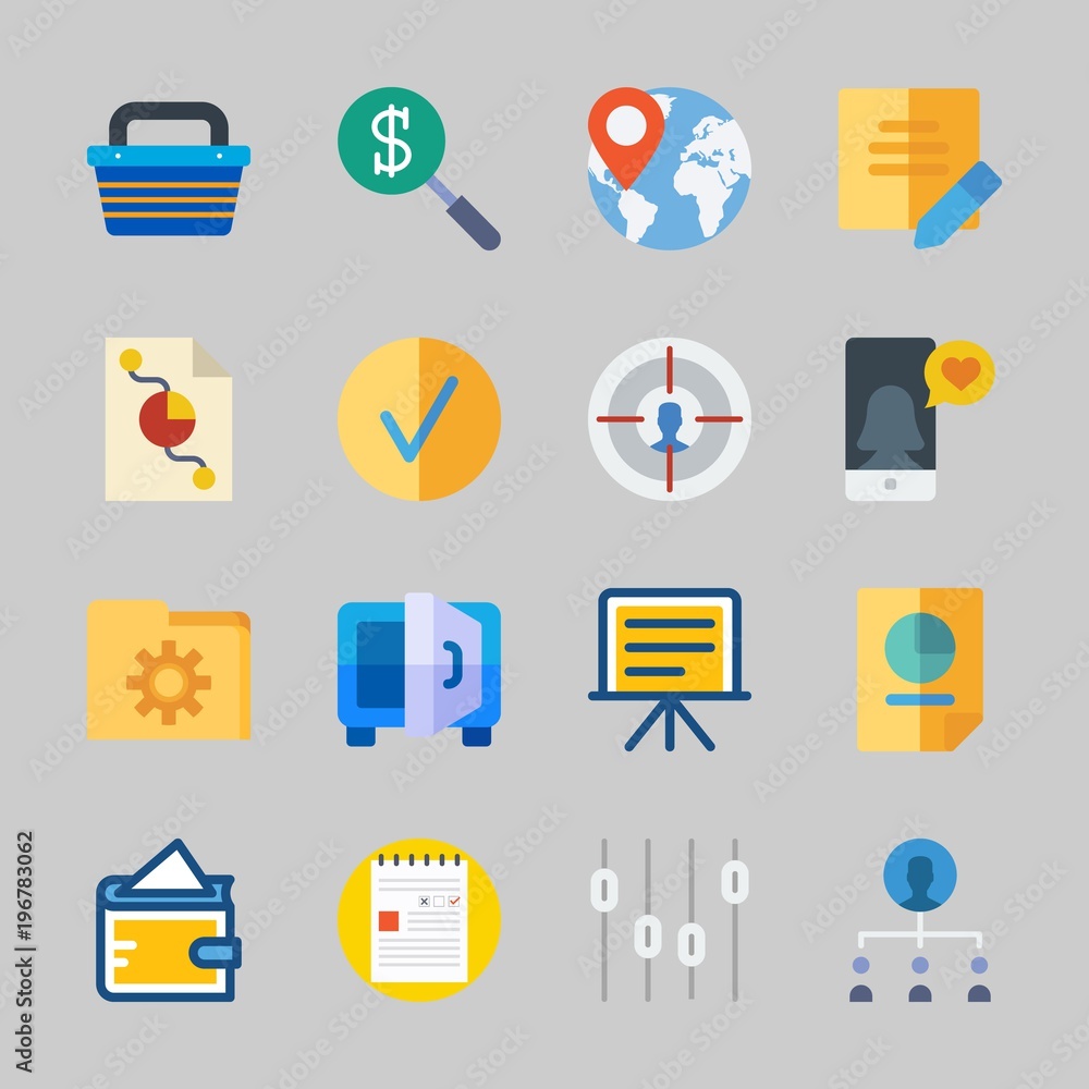 Icons about Business with smartphone, shopping basket, folder, presentation, search and wallet Icons about Business with smartphone, shopping basket, folder, presentation, search and wallet